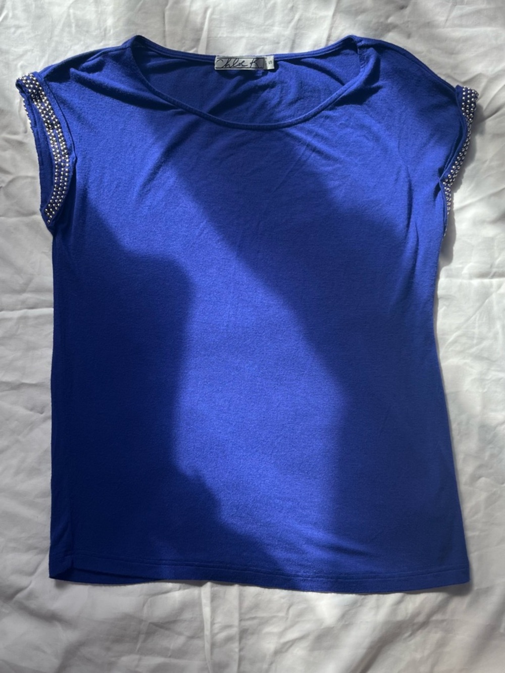 Chloe K Royal Blue Short Sleeve Tee with Beaded Cap Sleeves